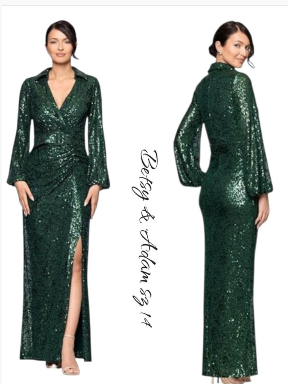 Betsy & Adam Yulissa Emerald Green Sequin 14 Collared Long Sleeve Slit Gown